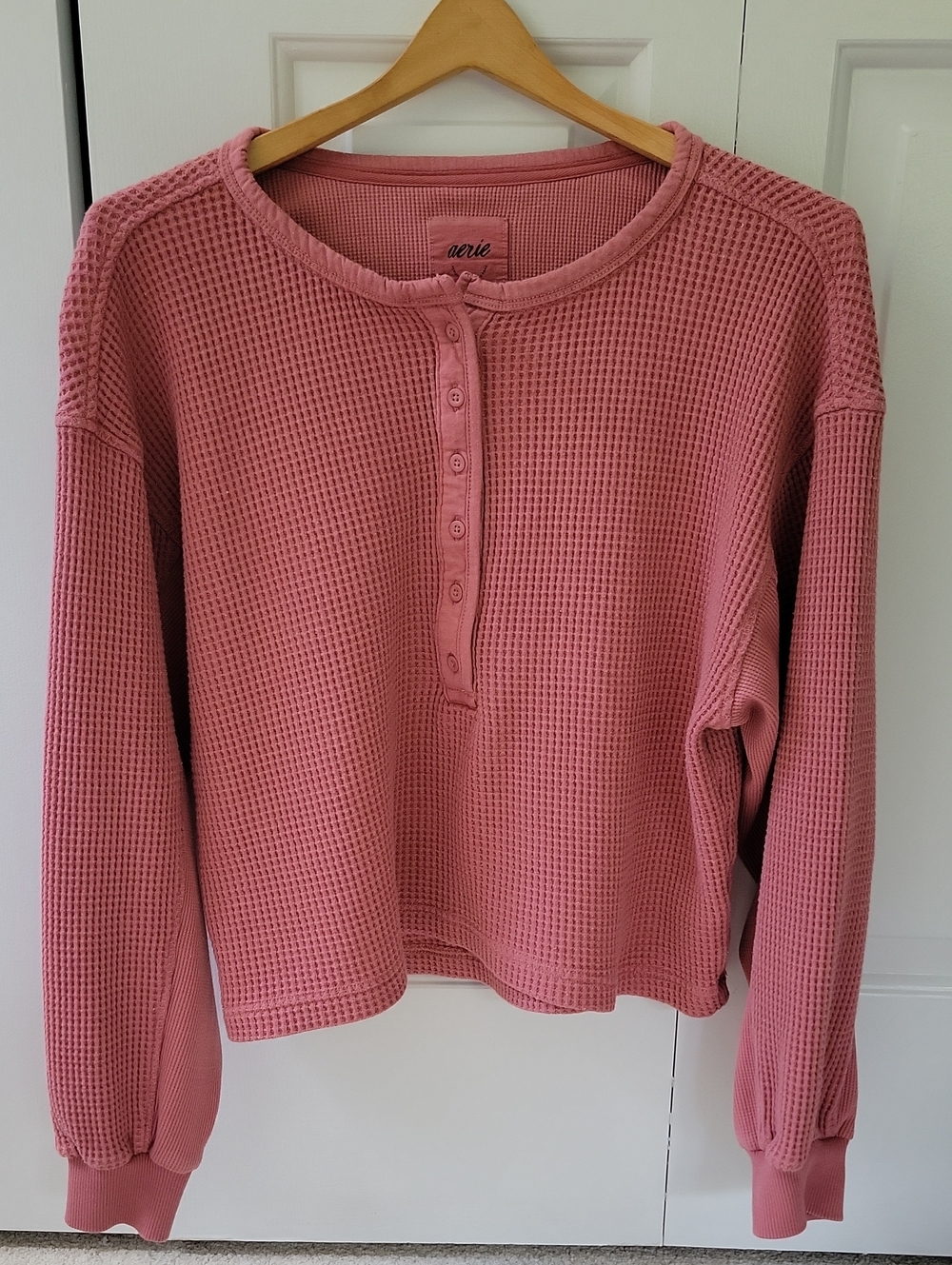 aerie Pink Waffle-Knit Henley Sweatshirt